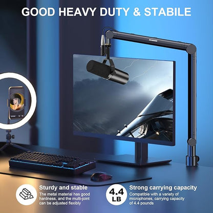 Aokeo Mic Arm, Boom Arm Microphone Stand Desk with Mount Clamp Cable Management Channels Detachable Riser 5/8" Thread Adapter for Blue Yeti Snowball Hyper X QuadCast SoloCast AT2020 Shure SM7B MV7
