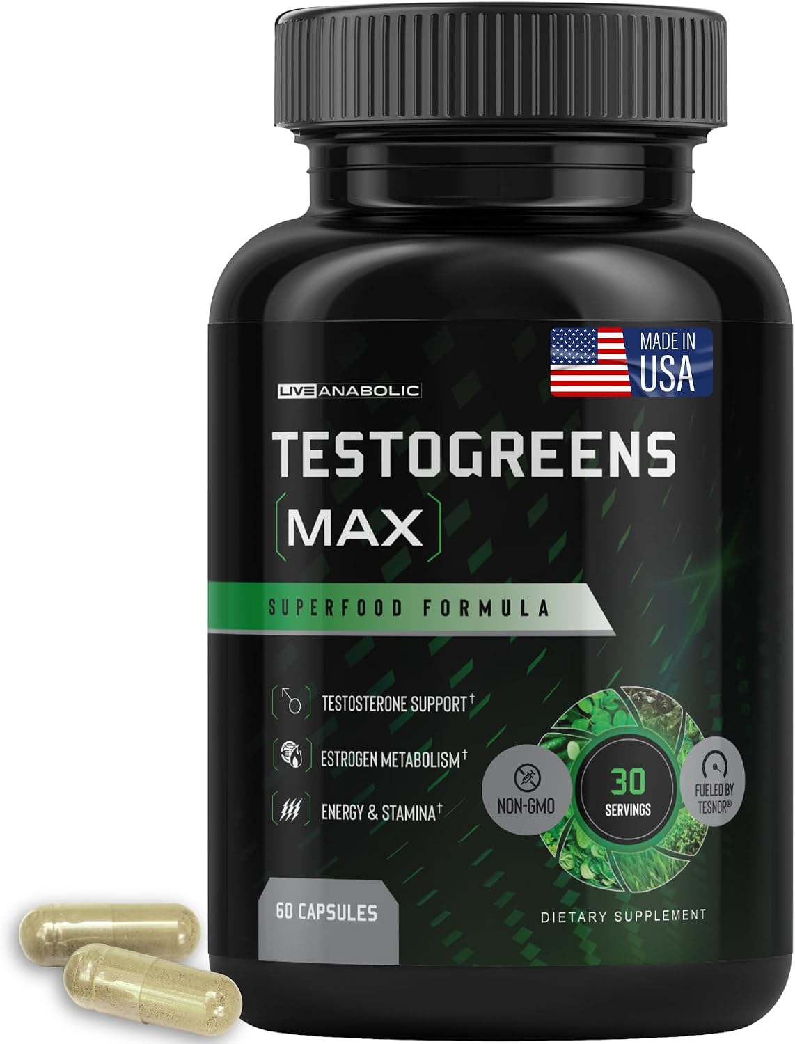 Live Anabolic - TestoGreens Max - Men’s Daily Greens Capsule Supplement, Natural Male Hormone Support, Enhanced Energy & Stamina