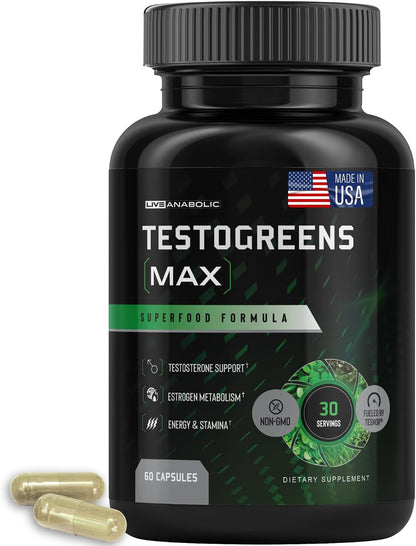 Live Anabolic - TestoGreens Max - Men’s Daily Greens Capsule Supplement, Natural Male Hormone Support, Enhanced Energy & Stamina