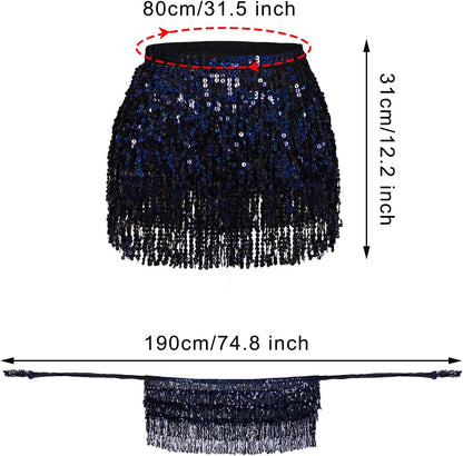 Belly Dance Hip Scarf Sequin Tassel Skirt Wrap Sparkly Rave Costume for Women