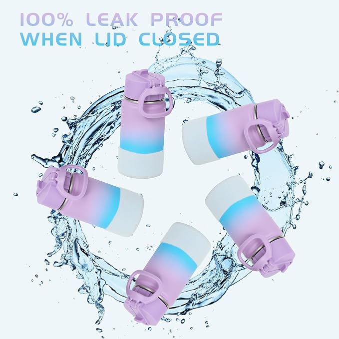 Volhoply 14oz KIds Stainless Steel Insulated Leakproof Water Bottle with Straw Lid and Silicone Boot,BPA-Free Easy Use for Boys&Girls,Double Wall Vacuum Bottles(Lavender Blue,1)