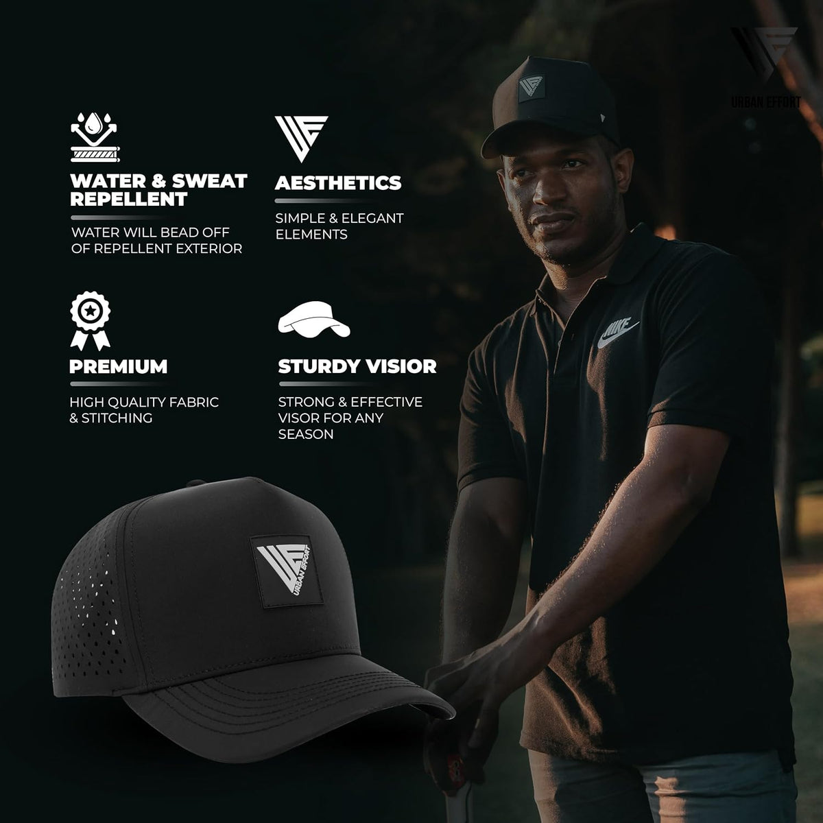 Urban Effort Hydro Performance Hat-Water-Resistant Baseball Cap-Men and Women-Great Snapback for Golf, Adventure,Lake,Workout ( Black )