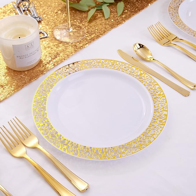 supernal 100pcs Gold Plastic Plates, 10.25" Plastic Dinner Plates, White Plastic Plates with Gold Rim,Gold Lace Plates,Gold Plastic Plates for Weddings Celebrations and Parties
