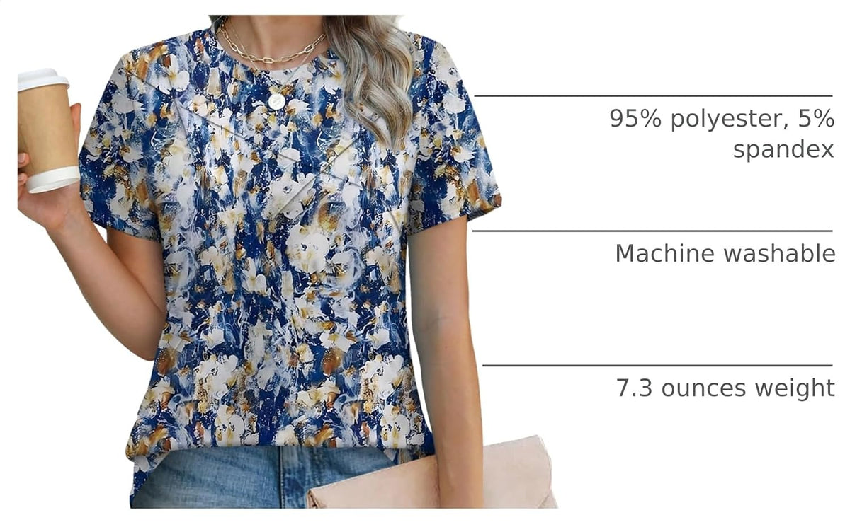 XIEERDUO Womens Summer Tops 2026 Pleated Round Neck Short Sleeve Shirts Business Casual.