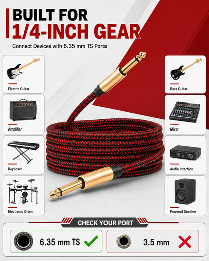 Guitar Cable 15 ft 1/4 Inch Guitar Instrument Cable 6.35mm (1/4) TS to 6.35mm (1/4) TS Stereo Audio Cable Male to Male with Zinc Alloy Housing and Nylon Braid 6.35mm Guitar Cable