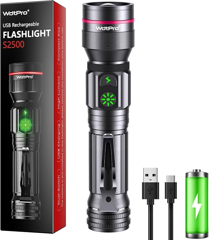 WdtPro Rechargeable Flashlights High Lumens, Bright LED Small Flashlight, 5 Modes Zoomable Tactical Flash Light with Clip, Waterproof, Torch for Outdoor Home, Gifts for Father's Day