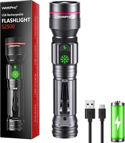 WdtPro Rechargeable Flashlights High Lumens, Bright LED Small Flashlight, 5 Modes Zoomable Tactical Flash Light with Clip, Waterproof, Torch for Outdoor Home, Gifts for Father's Day