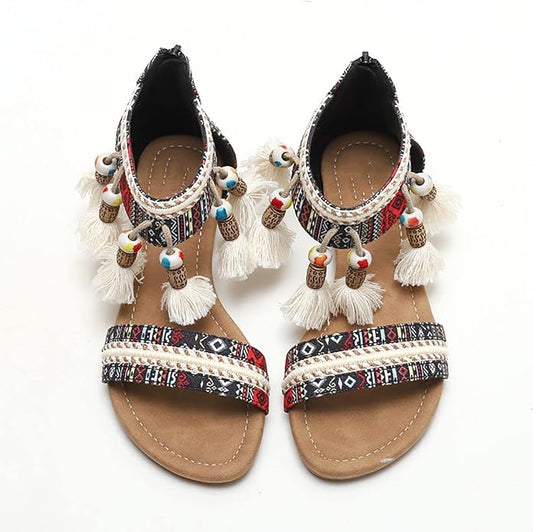 Sandals Women 2023 Summer Fashion Bohemian Beads Fringe Tassel Back Zip Dressy Shoes Ethnic Style Print Vintage Casual Outdoor Ladies Shoes