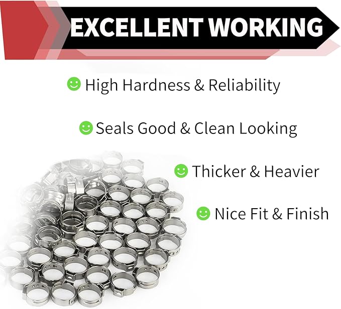 EFIELD - 34 Inch PEX Stainless Steel Clamp Rings (200 Pack) for Metal PEX Pipe Connection