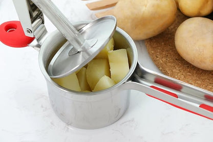 Rorence Stainless Steel Potato Ricer: 15 Oz Potato Masher with 3 Interchangeable Discs & Inner Cup & Silicone Grip Handles - Red