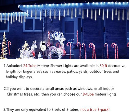 Aokudoni Christmas Lights Outdoor, 24 Tubes Meteor Shower Lights (Equivalent to 3 Sets of 8-Tubes), Waterproof Outside Christmas Decorations for Tree Window Yard Party Holiday, UL Plug, White