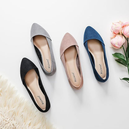 Ataiwee Women's Wide Width Flat Shoes Pointed Ballet Flats | Elegant Faux Suede Slip-On Flats with Anti-Slip Sole for Office.