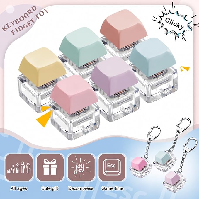 6 Pcs Keyboard Fidget Toys Keyboard Clicker Fidget Keychain Decompression Button Finger Clicker Toys Button Stress Relief Gifts for Relieving Stress (Macaron,Classic)