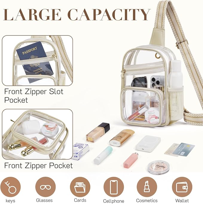 This clear crossbody bag is perfect for concerts, stadiums, and other events. It's lightweight, compact, and meets most clear bag policies.