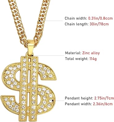 AHIER Gold Necklace Chain with Dollar Sign, 18K Gold Plated Hip Hop Chain Necklace Pendant for Men, 30inch (Rotatable,Lion Head)