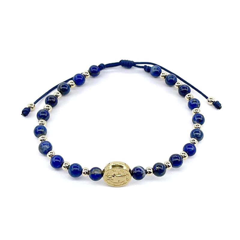St Benedict Coin and Natural Round Red Coral Beads Adjustable Bracelet for Women (Blue Lapis Lazuli)