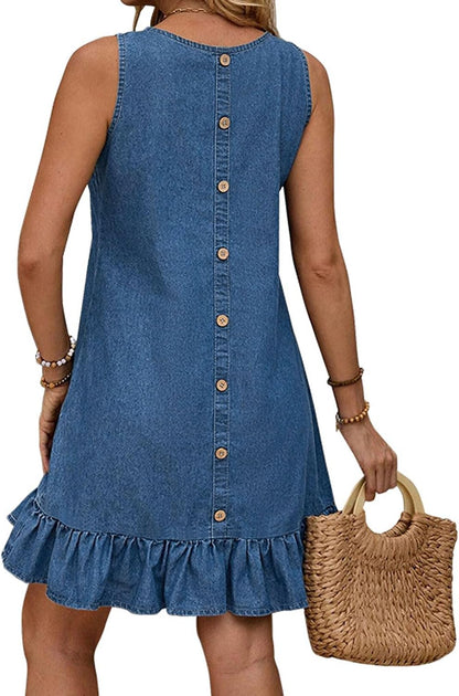 loveimgs Women Summer Sleeveless Tank Denim Mini Dress Jumper Ruffle Jean Shift Dress Chambray Tunic Sundress Back Button
