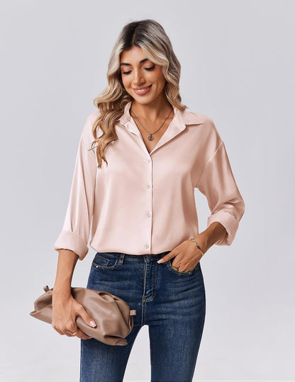 Zeagoo Womens Tops Long Sleeve Satin Silk Button Down Shirts Casual Business Dressy Blouses Fall Clothes .
