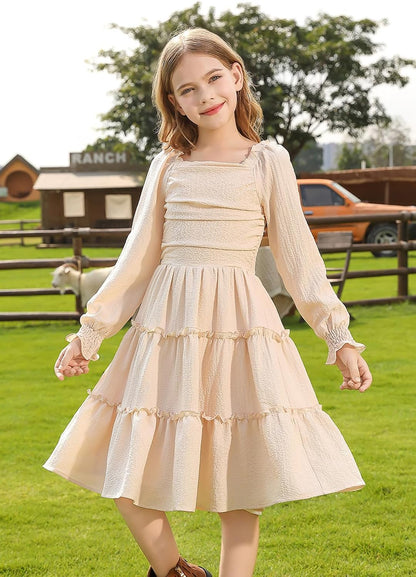 Girls Long Sleeve Dress Ruched Smocked Tiered Ruffle A-Line Casual Boho Teen Dresses with Pocket Size 6-16 Years