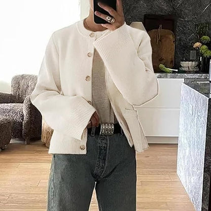 SOLILOQUY Womens Slim Fit Cardigan Sweaters Long Sleeve Button Down Open Front Solid Crop Sweater Coat with Pockets