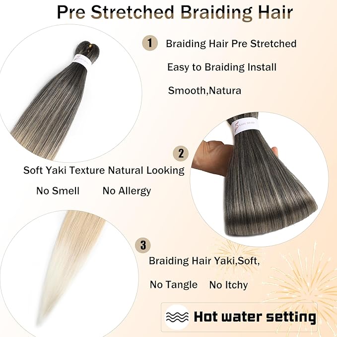 Braiding Hair 26 Inch Pre Stretched Braiding Hair Ombre Braiding Hair Soft Three Tone Yaki Texture Hot Water Setting Synthetic Braiding Hair (26inch 2Packs 1B27613)