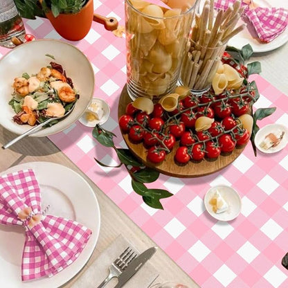 5 Pack Pink Gingham Table Runner, Pink and White Checkered Tablecloths 14 x 108 Inches Rectangular Waterproof Picnic Table Runner for Birthday Party Holiday Outdoor Supplies