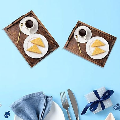 2Pcs Rustic Wooden Serving Trays Farmhouse Decor Multipurpose Rectangular Serving Platters with Handles for Food Tea Coffee, black brown