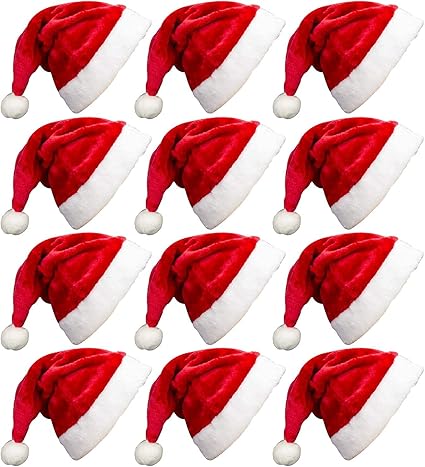 MarJunSep 12 Pack Plush Santa Christmas Hats for Kids Children Teenagers & Adults Small Head, Red Plush Xmas Hats with White Cuffs for Christmas Holiday