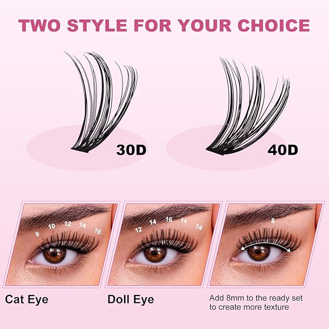 DIY Lash Extension Kit 280pcs Individual Lashes Clusters D Curl Lash Clusters, Lash Kit with Lash Bond and Seal, Remover, Lash Tweezers (30D40D-0.07D-9-16MM Kit)