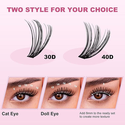 DIY Lash Extension Kit 280pcs Individual Lashes Clusters D Curl Lash Clusters, Lash Kit with Lash Bond and Seal, Remover, Lash Tweezers (30D40D-0.07D-9-16MM Kit)