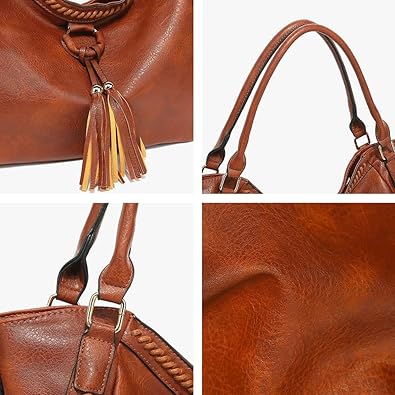 Womens Vintage Tote Bags Large Top Handle Satchel Handbags Vegan Leather Crossbody Bag with Tassel Shoulder Purse