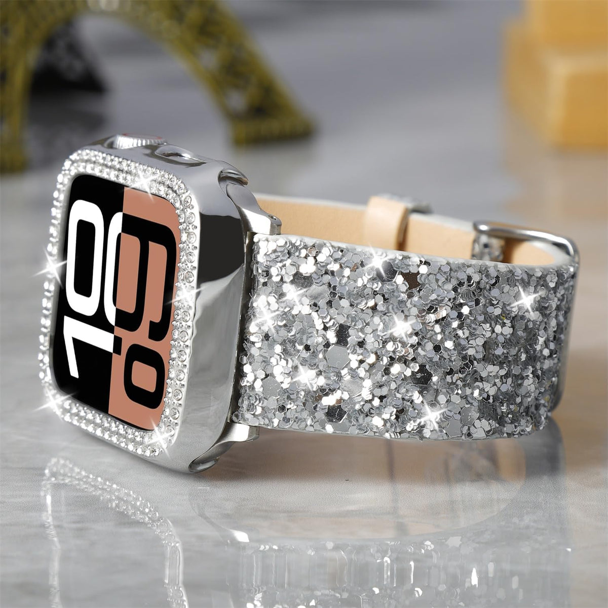 Compatible For Apple Watch Band with Bling Diamond Case 38mm 40mm 41mm 42mm 44mm 45mm 46mm 49mm Ultra 3/2/1, Women Glitter Sparkle Bands For iWatch Band Series 11 10 9 8 7 6 5 4 3 2 1 & SE3 SE2 SE