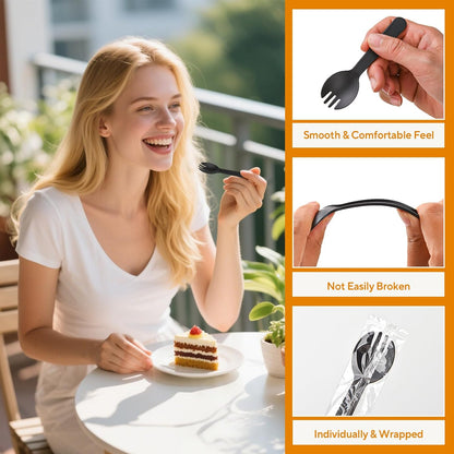100Pcs Mini Plastic Spork, 4.2 Inch Individually Wrapped Disposable Cutlery, Small Black Fork Spoon Combo for Desserts, Ice Cream, Cakes, Appetizer, To-Go & Party Use
