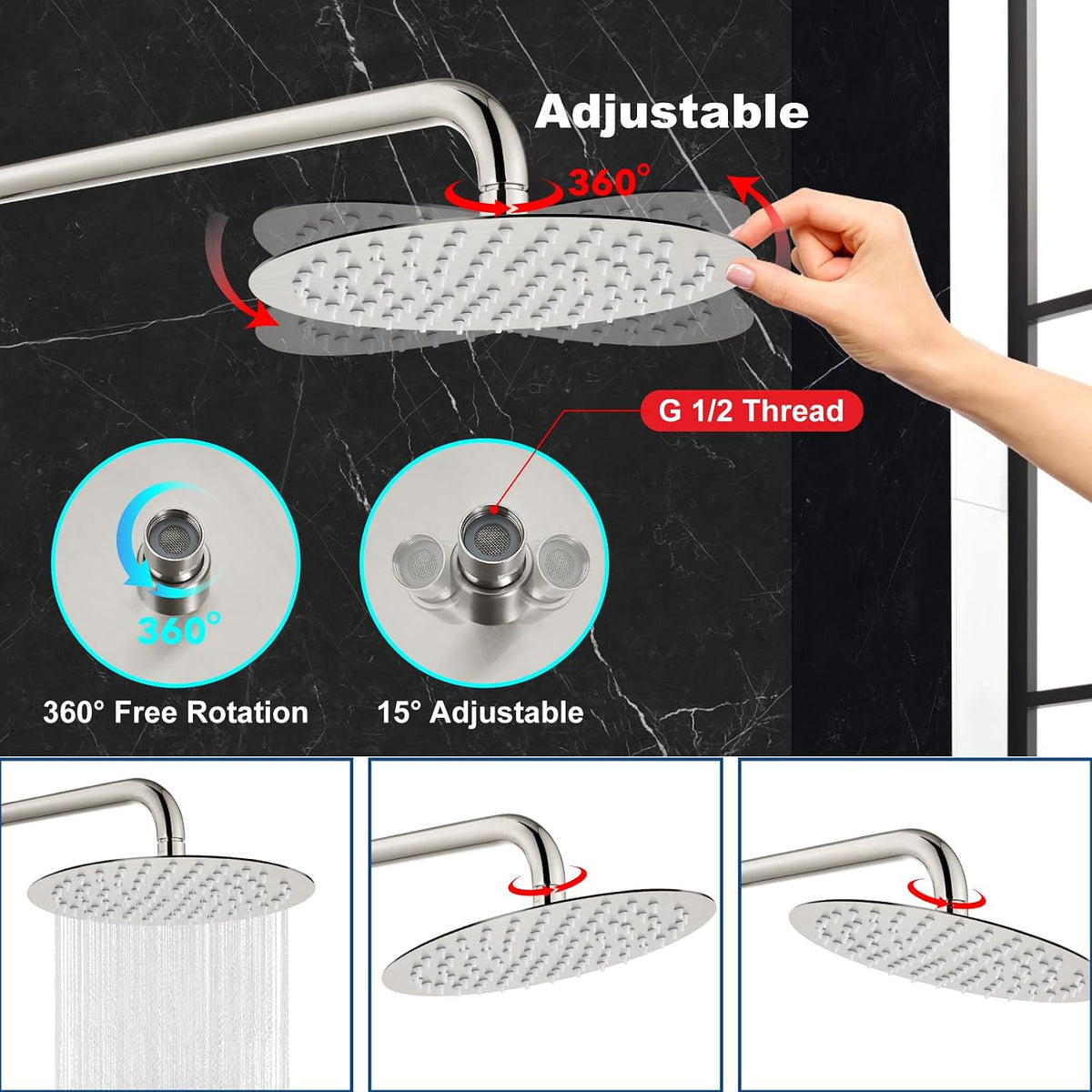 Round Rainfall Shower Head High Pressure Stainless Steel Waterfall Large Rain Shower Head Ultra Thin Design,Brushed Nickel 8 Inch