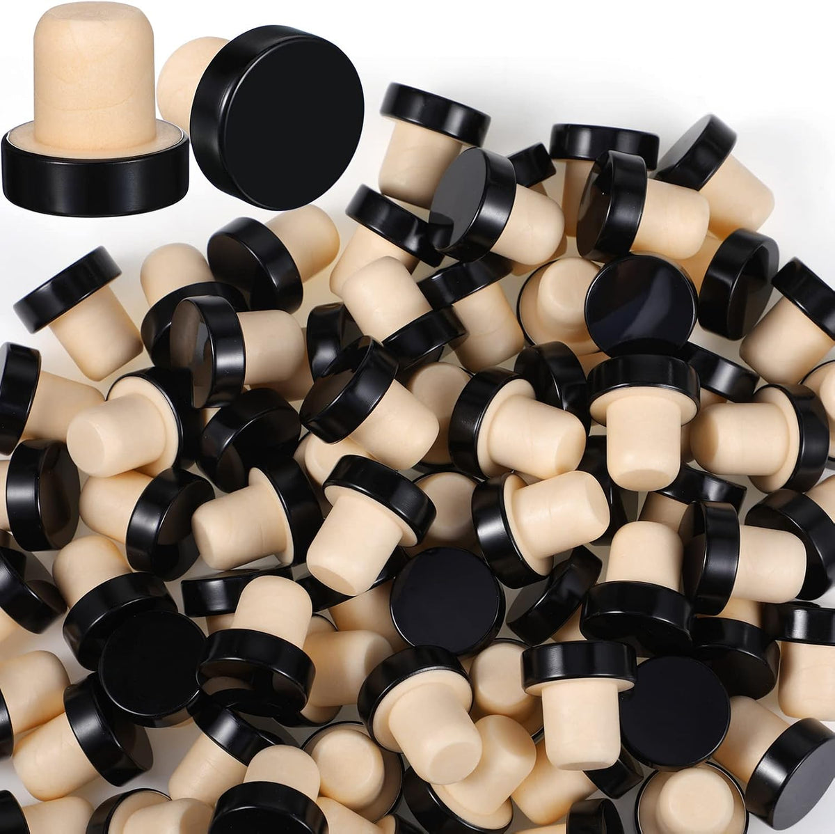 Yookeer 144 Pcs Cork Bottle Stoppers T-Shaped,Black Reusable Wine Sealing Plug for Beer, Natural Cork with Metal Cap, Preserve Freshness, For Home Bar and DIY Craft Use