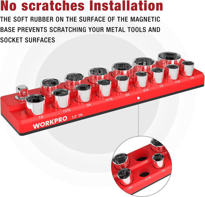 WORKPRO Magnetic 1/2-Inch SAE Socket Organizer - Holds 16 Standard & Deep Size Sockets