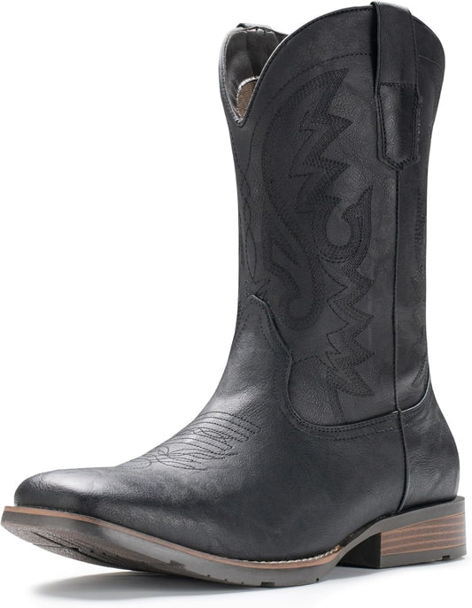 Cowboy Boots For Men with Wide Square Toe Western Retro Boot Durable Classic Fashionable Embroidered Pull On Slip Resistant Boots