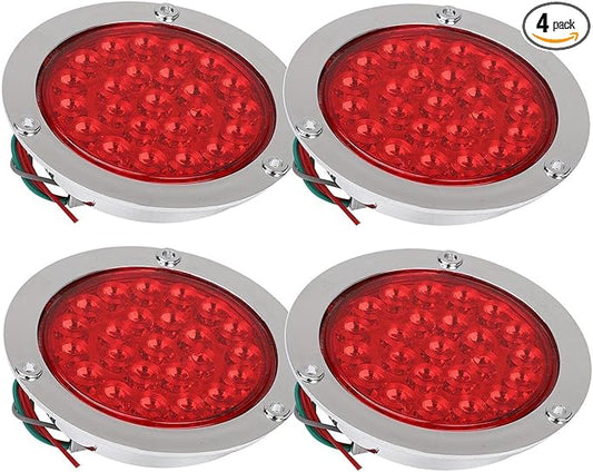 BLACKHORSE-RACING 4PCS 4" Round 24 LED Truck Trailer Stop Turn Tail Brake Lights w/Chrome Grommet, Universal Fit Vehicles with DC 12V