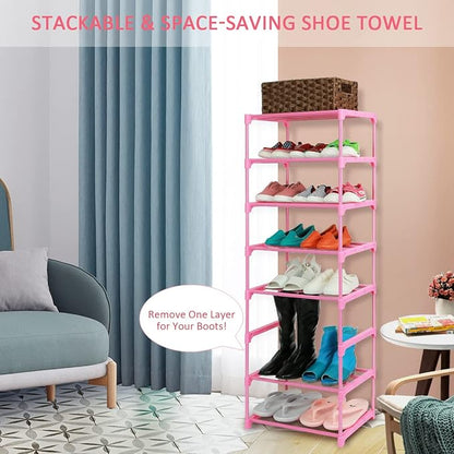 LNYZQUS Small Kids Shoe Rack, 4 Tier Pink Shoe Organizer Shoe Shelf for Closet,Stackable Narrow Shoe Stand Slim Zapateras Organizer,Cute Toddler Shoe Rack Floor for Women  Girls-Full Pink