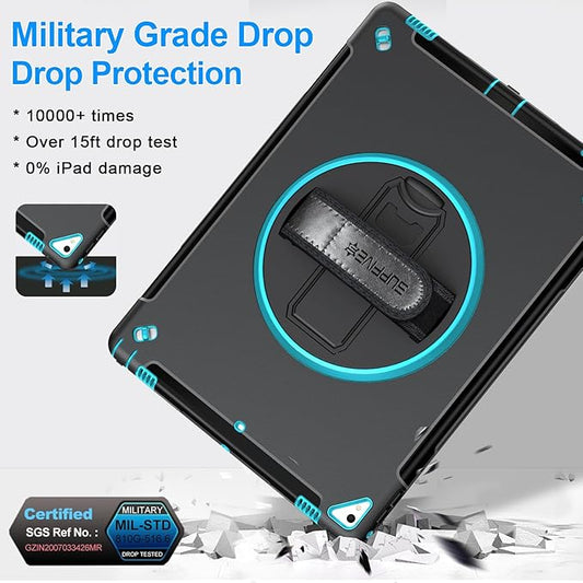 SUPFIVES Case iPad Pro 12.9 20152017: iPad 12.9 Inch 1st 2nd Generation Case Upgraded Military Grade Shockproof Silicone Protector with Pencil Holder Handle Shoulder Strap Rotating Stand, Green