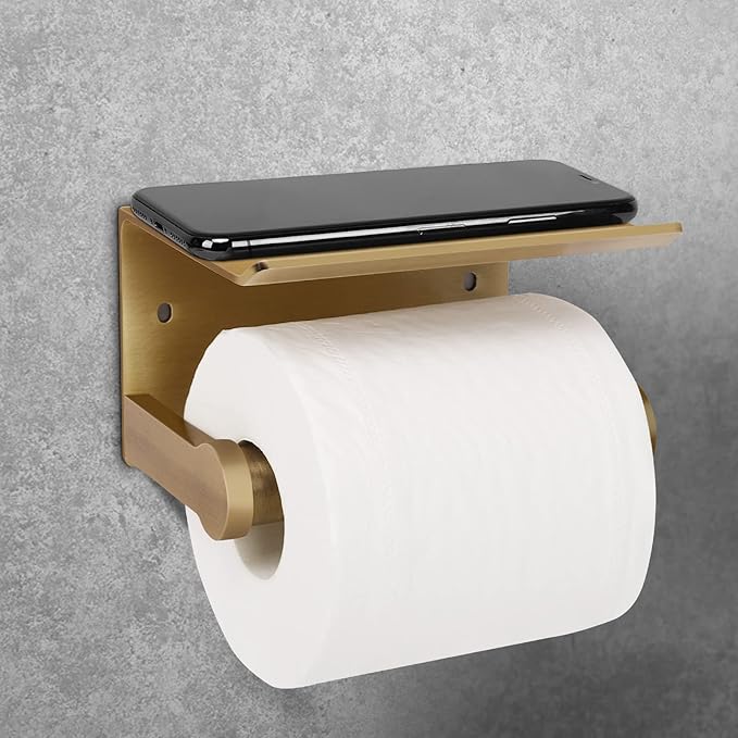 Antique Bronze Toilet Paper Holder Wall Mount with Shelf - No Drill 3M Adhesive or Screw Mount Bathroom Tissue Paper Dispenser-Aluminum Storage Rack for Phone, Wipes, Soap-Modern Bathroom Organizer