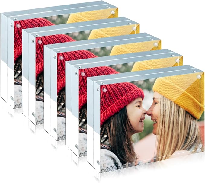 ILYXY 5 Pack Acrylic Frame 5x7, 20 Thicker, 24mm Thick Frameless Clear Picture Frame, Double Sided Magnetic Photo Frame, Free Standing Desktop Display Stand Acrylic Picture Frames