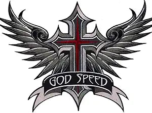 VEGASBEE Godspeed Winged Cross Patch Wings Christian Embroidered Iron-On Patch Emblem Large Size 12" by 8.5" inches USA