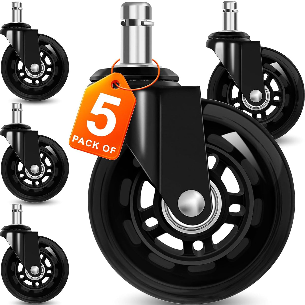 3PC Office Chair Wheels for Casters Replacement - 3" Rubber Wheels for Computer Gaming Desk Caster Smooth & Safe Rolling for All Floors Including Hardwood and Carpet - Set of 3 - Black