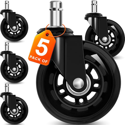 3PC Office Chair Wheels for Casters Replacement - 3" Rubber Wheels for Computer Gaming Desk Caster Smooth & Safe Rolling for All Floors Including Hardwood and Carpet - Set of 3 - Black