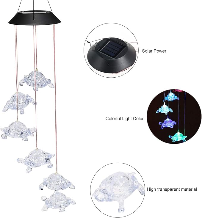 Wind Chimes Chandelier, Solar Turtles Hanging Lamp ,Wind Chime Pendant Light IP44 Waterproof Mixcolor Slow Flashing