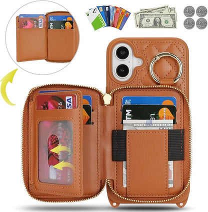 for iPhone 16 Plus Case Wallet with Card Holder for Women,for iPhone 16 Plus Phone case Wallet with Strap Credit Card Slots Crossbody with Kickstand Zipper Case-Brown