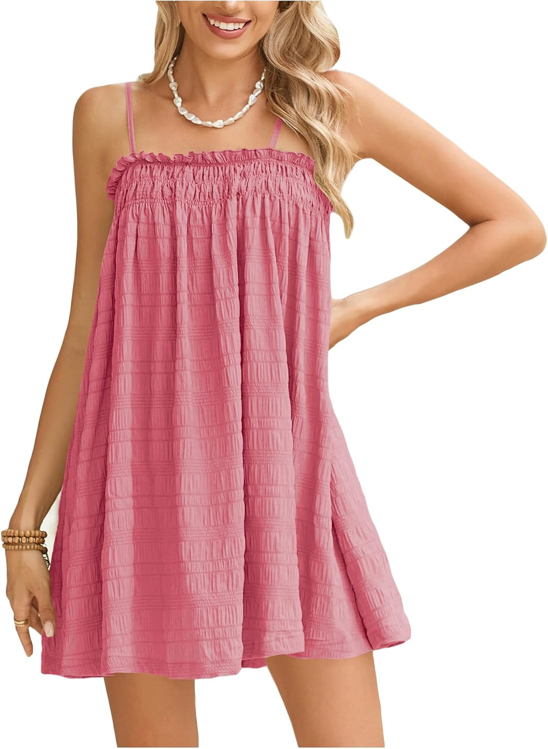 MakeMeChic Women's Sundress Flowy Cami Mini Dress Sleeveless Ruffle Swing Shirred Casual Vacation Cute Summer Dress