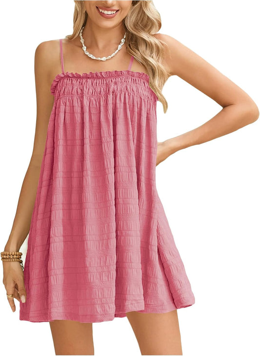 MakeMeChic Women's Sundress Flowy Cami Mini Dress Sleeveless Ruffle Swing Shirred Casual Vacation Cute Summer Dress