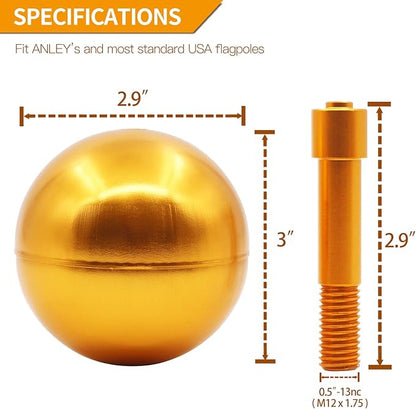 Anley Authentic 3" Flagpole Ball Topper Ornament - Gold Anodized Aluminum Finish - Weatherproof Top Replacement - Fit Standard USA Flag Poles, Pulley Truck  Solar Lights
